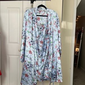 Chartreuse Sky Blue Floral Satin Robe and slip